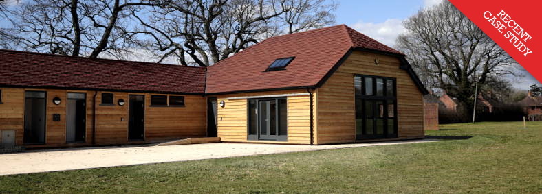 Exterior view of the newly built Allmond Centre (formerly Cowfold Pavilion) in Cowfold, West Sussex, near Horsham