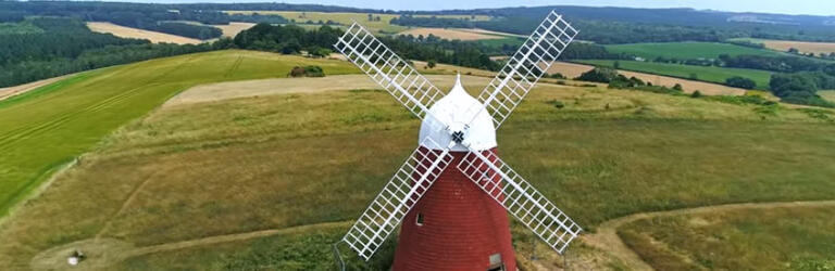 Aerial photograph showing the newly restored Halnaker Windmill, kindly provided by Drones & RC Flight