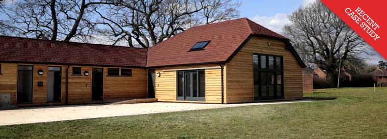 Exterior view of the newly built Allmond Centre (formerly Cowfold Pavilion) in Cowfold, West Sussex, near Horsham