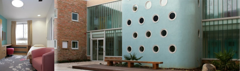 Exterior view of recently refurbished Chalkhill Child & Adolescent Mental Health (CAMHS) Unit with interior view inset, showing anti-ligature works in the residential bedrooms.